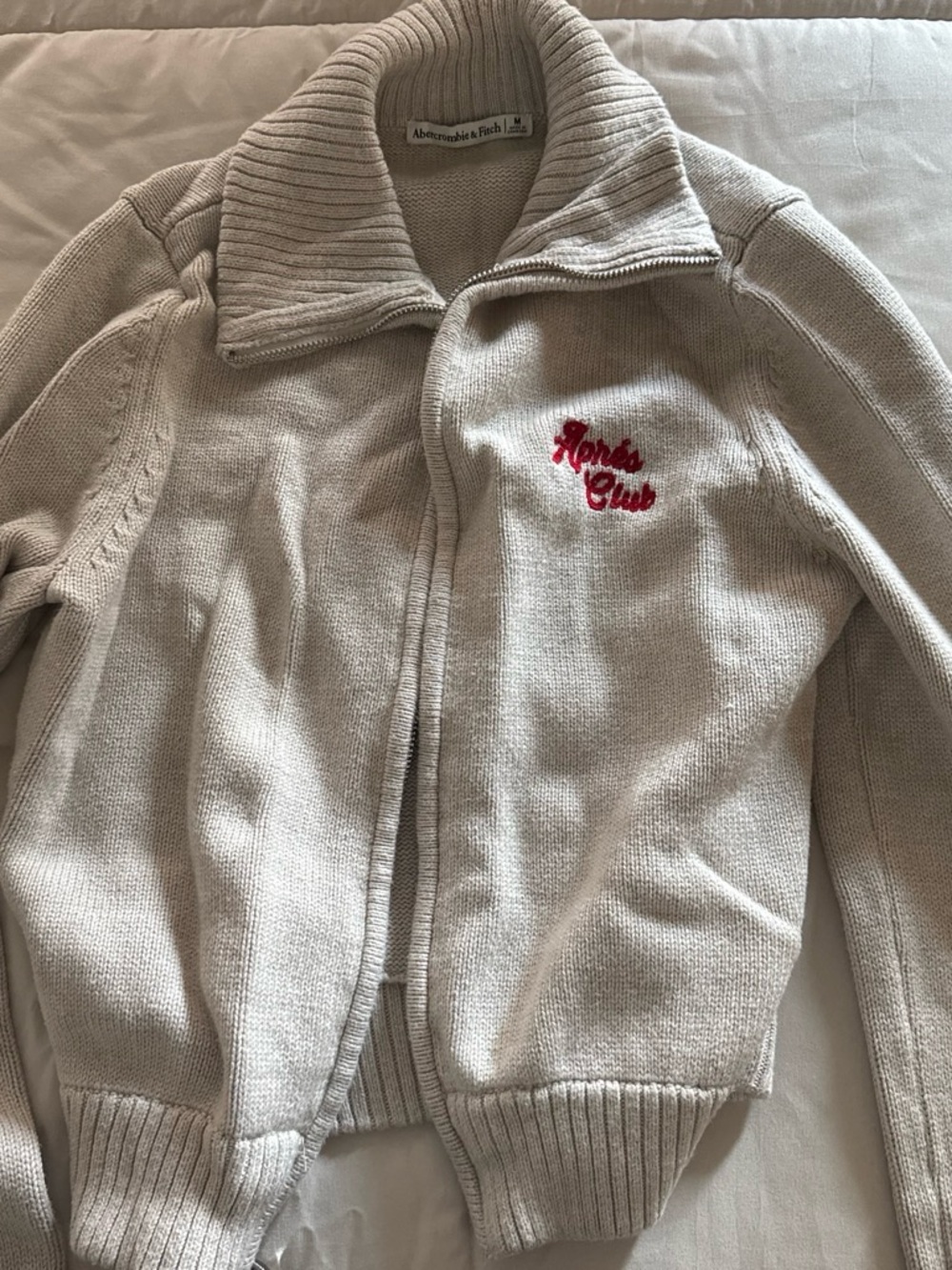 Abercrombie & Fitch Cream Knit Zip Jacket with Red Script Logo